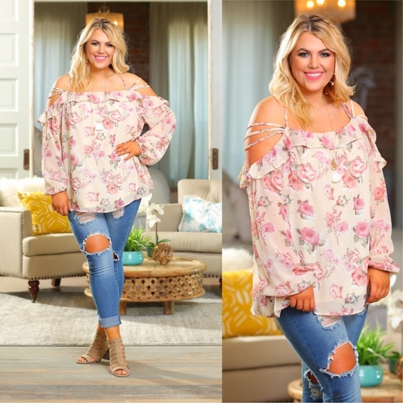 PLUS Cream Floral Chiffon Cold Shoulder Top - Picture 2 of 3
